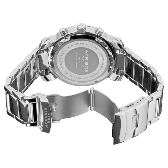 Akribos XXIV Silver and Black Chronograph Watch 2ct Genuine Diamonds - Picture 9 of 11